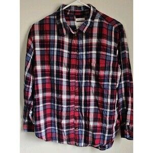 American Eagle Womens Red Plaid Shirt Oversized Fit Size L Button Up